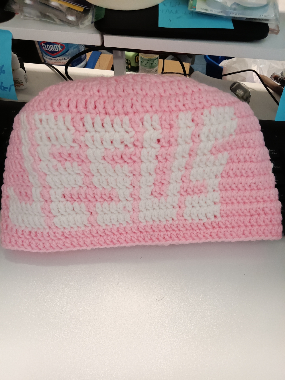 Pink & White Crochet Adult Beanie Hat
